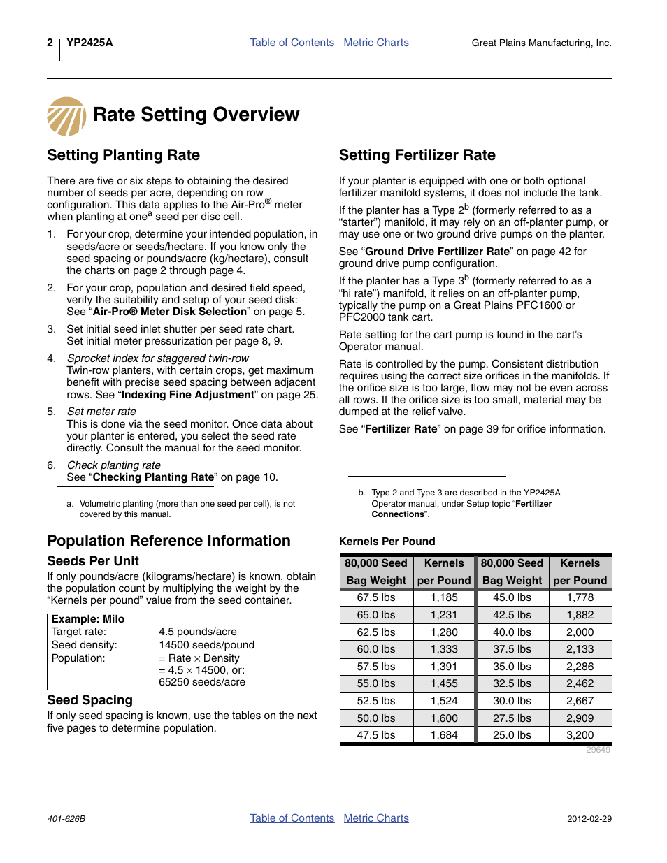 Rate setting overview, Setting planting rate, Setting fertilizer rate | Population reference information, Kernels per pound, Seeds per unit, Seed spacing, Seeds per unit seed spacing | Great Plains YP2425A Material Rate User Manual | Page 4 / 70