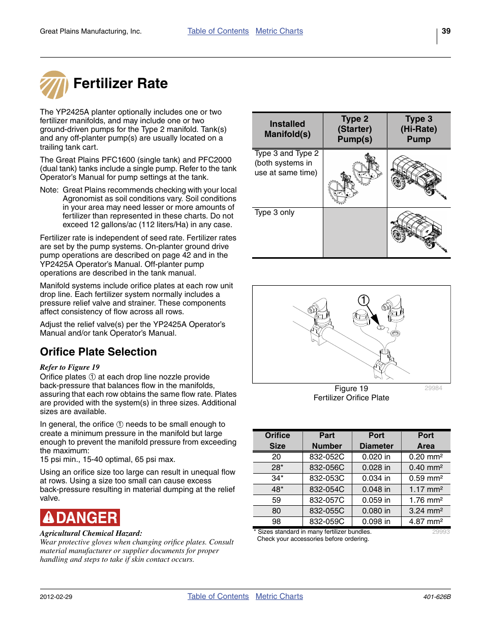 Fertilizer rate, Orifice plate selection, Fertilizer rate orifice plate selection | Great Plains YP2425A Material Rate User Manual | Page 41 / 70