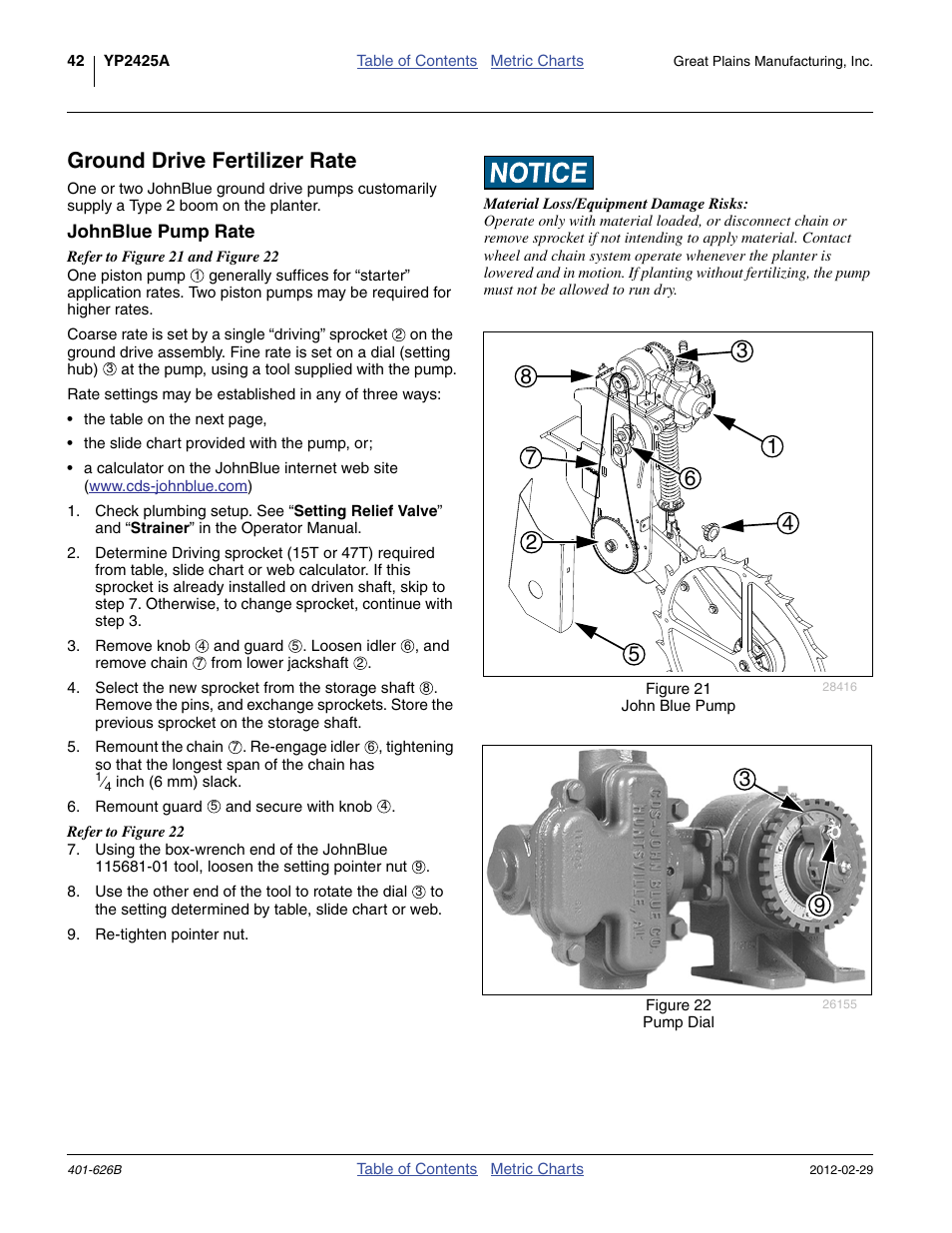 Ground drive fertilizer rate, Johnblue pump rate | Great Plains YP2425A Material Rate User Manual | Page 44 / 70