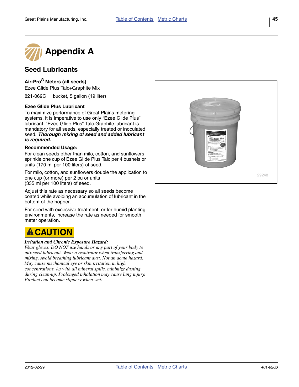 Appendix a, Seed lubricants, Appendix a seed lubricants | Great Plains YP2425A Material Rate User Manual | Page 47 / 70