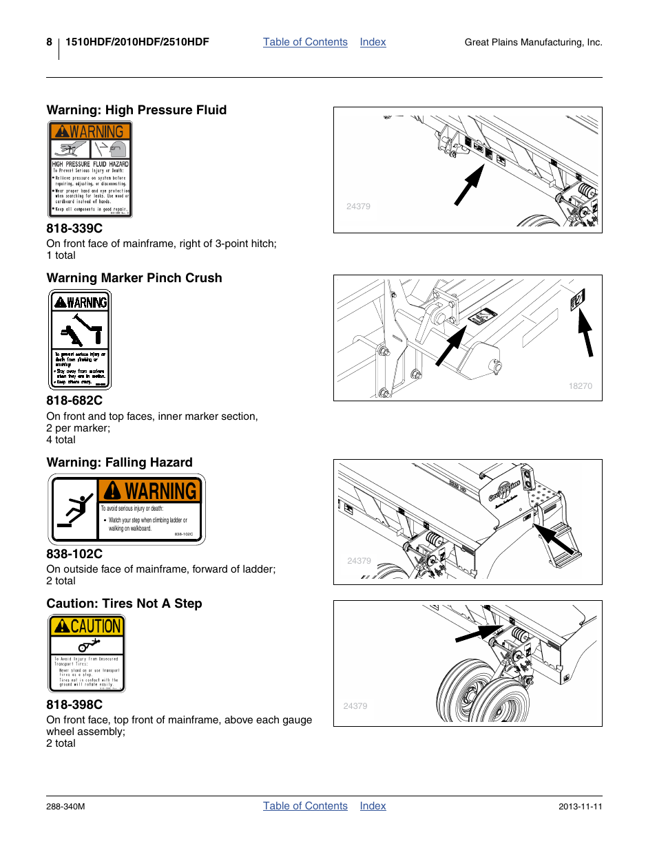 Warning: high pressure fluid 818-339c, Warning marker pinch crush 818-682c, Warning: falling hazard 838-102c | Caution: tires not a step 818-398c, Warning | Great Plains 2510HDF Operator Manual User Manual | Page 12 / 82