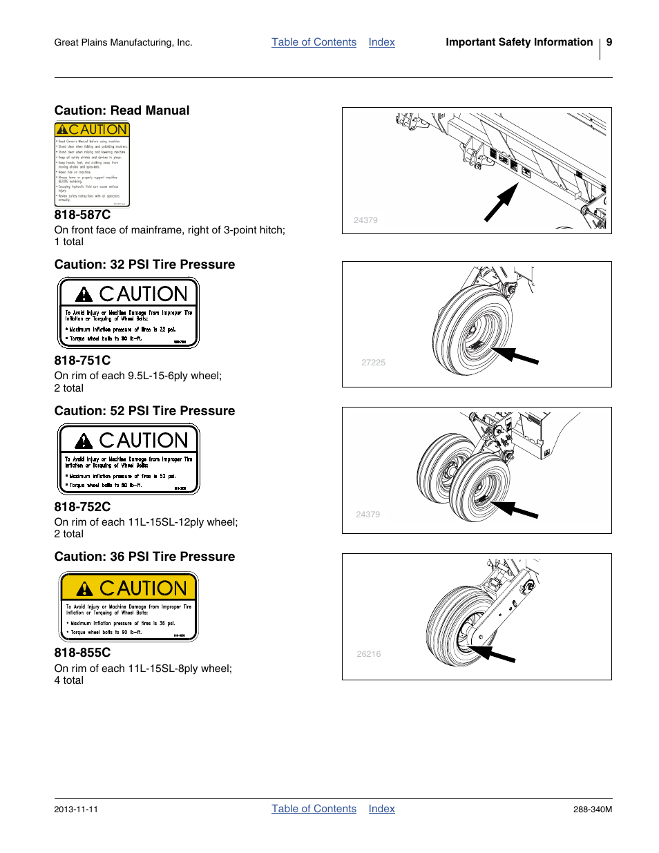 Caution: read manual 818-587c, Caution: 32 psi tire pressure 818-751c, Caution: 52 psi tire pressure 818-752c | Caution: 36 psi tire pressure 818-855c | Great Plains 2510HDF Operator Manual User Manual | Page 13 / 82