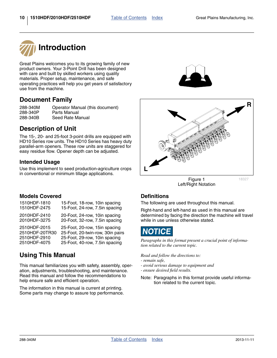 Introduction, Document family, Description of unit | Intended usage, Models covered, Using this manual, Definitions, Introduction document family description of unit, Intended usage models covered | Great Plains 2510HDF Operator Manual User Manual | Page 14 / 82