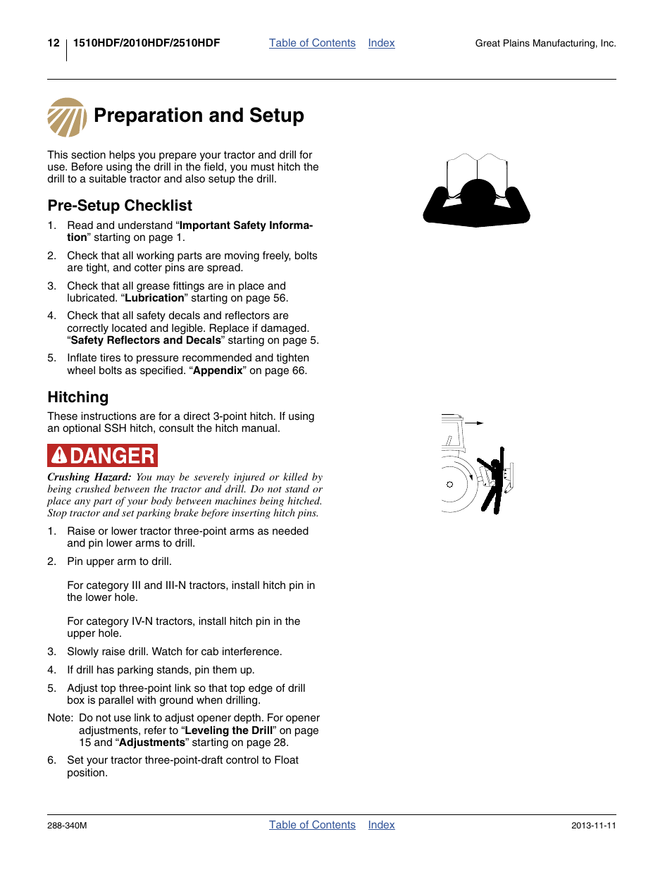 Preparation and setup, Pre-setup checklist, Hitching | Preparation and setup pre-setup checklist hitching | Great Plains 2510HDF Operator Manual User Manual | Page 16 / 82