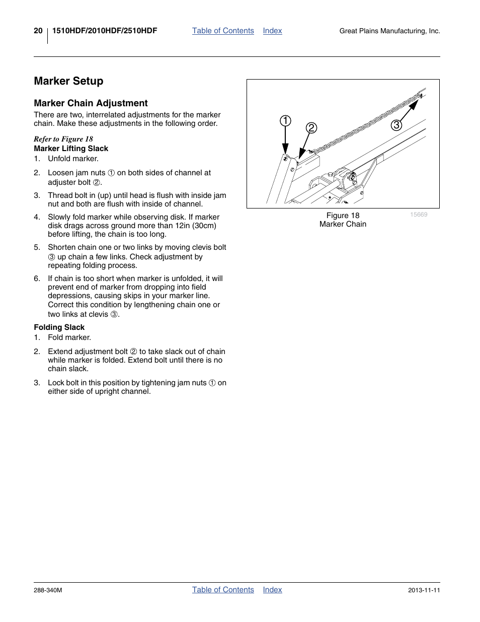 Marker setup, Marker chain adjustment, Marker lifting slack | Folding slack, Marker lifting slack folding slack | Great Plains 2510HDF Operator Manual User Manual | Page 24 / 82