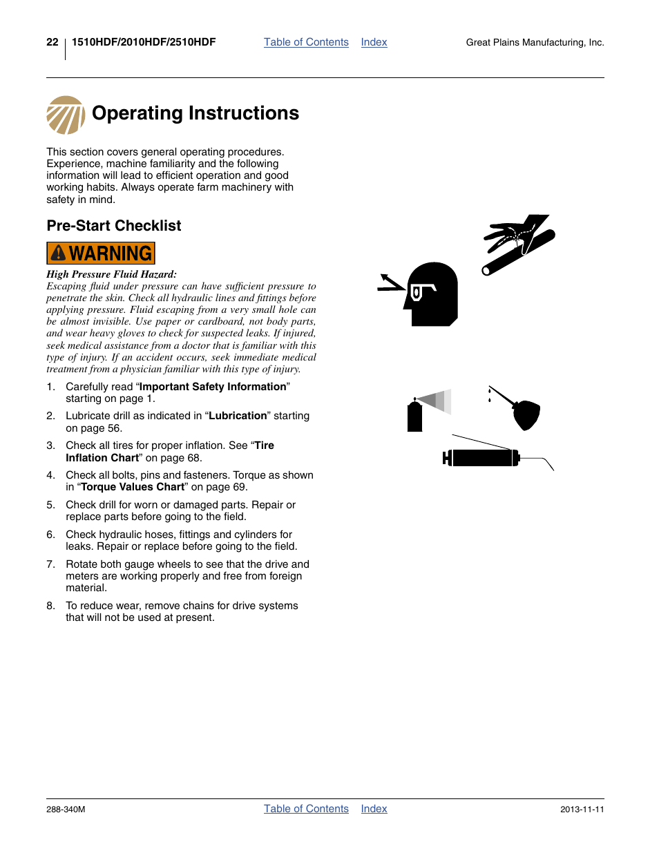 Operating instructions, Pre-start checklist, Operating instructions pre-start checklist | Great Plains 2510HDF Operator Manual User Manual | Page 26 / 82