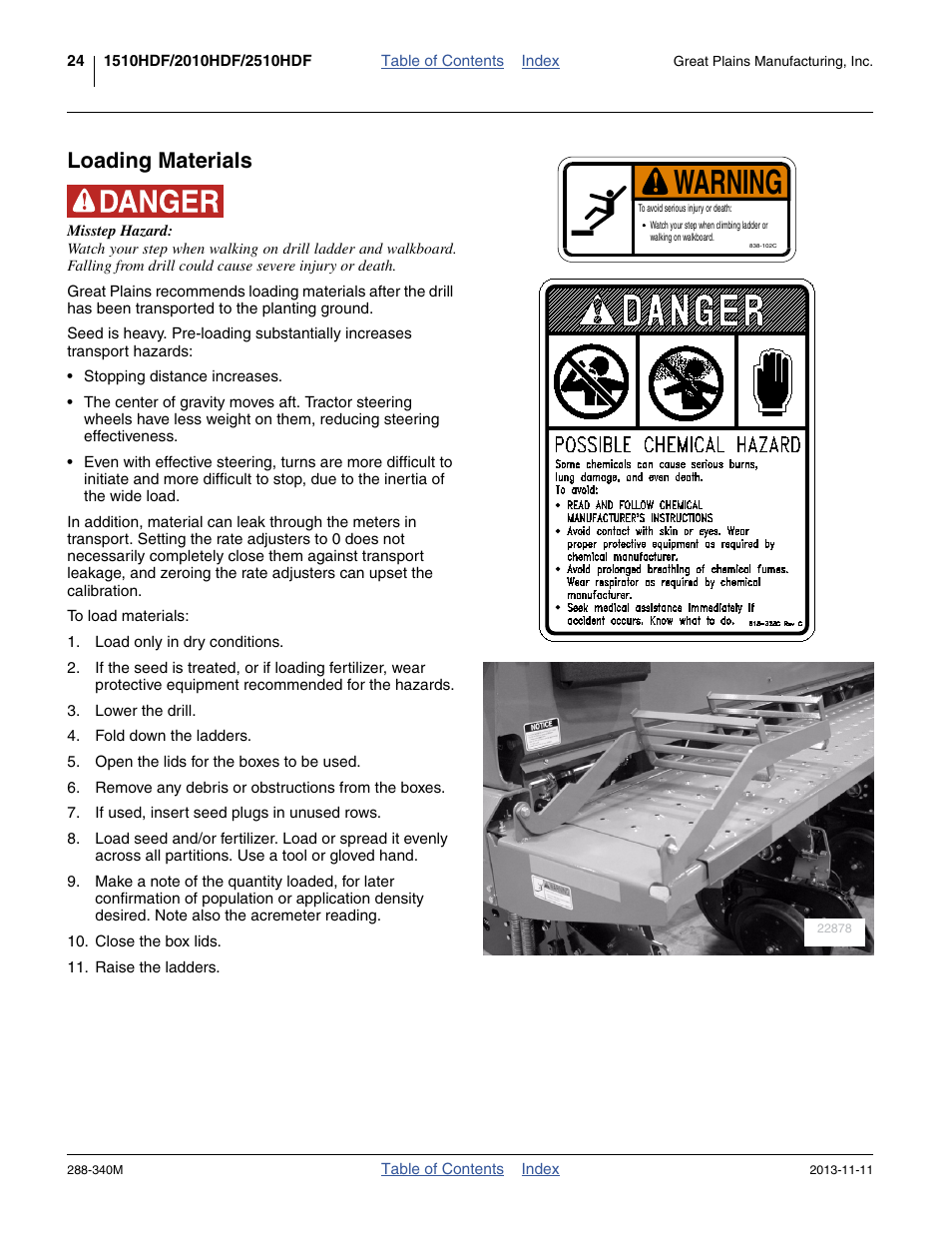 Loading materials, Warning | Great Plains 2510HDF Operator Manual User Manual | Page 28 / 82