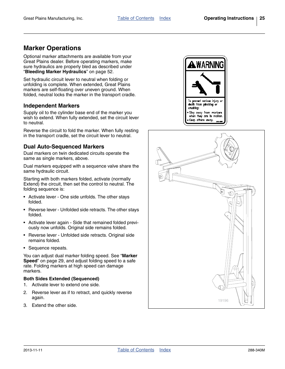 Marker operations, Independent markers, Dual auto-sequenced markers | Both sides extended (sequenced), Independent markers dual auto-sequenced markers | Great Plains 2510HDF Operator Manual User Manual | Page 29 / 82