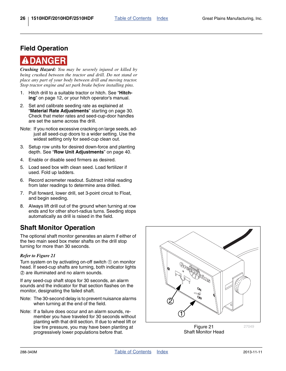 Field operation, Shaft monitor operation, Field operation shaft monitor operation | Great Plains 2510HDF Operator Manual User Manual | Page 30 / 82