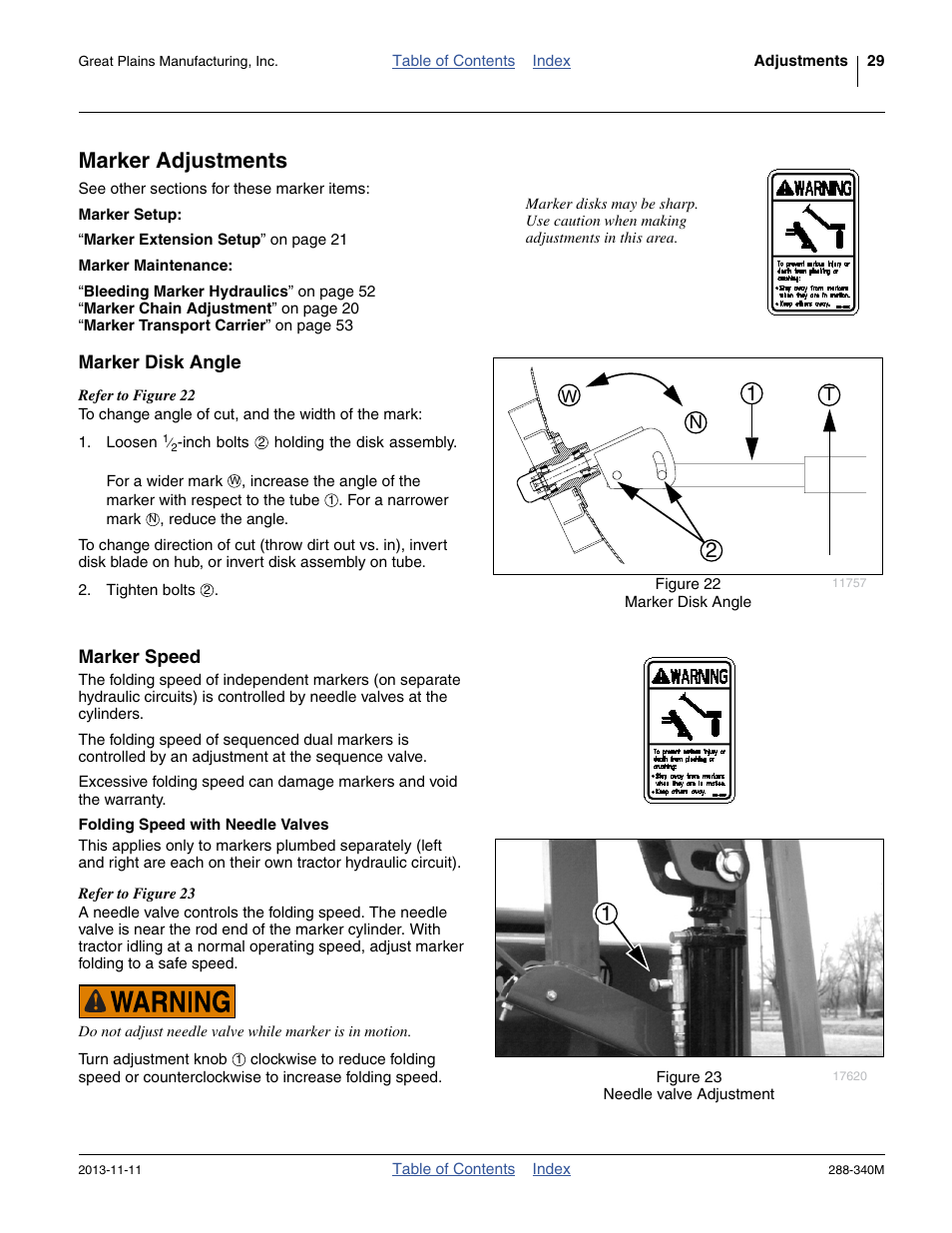 Marker adjustments, Marker disk angle, Marker speed | Folding speed with needle valves | Great Plains 2510HDF Operator Manual User Manual | Page 33 / 82