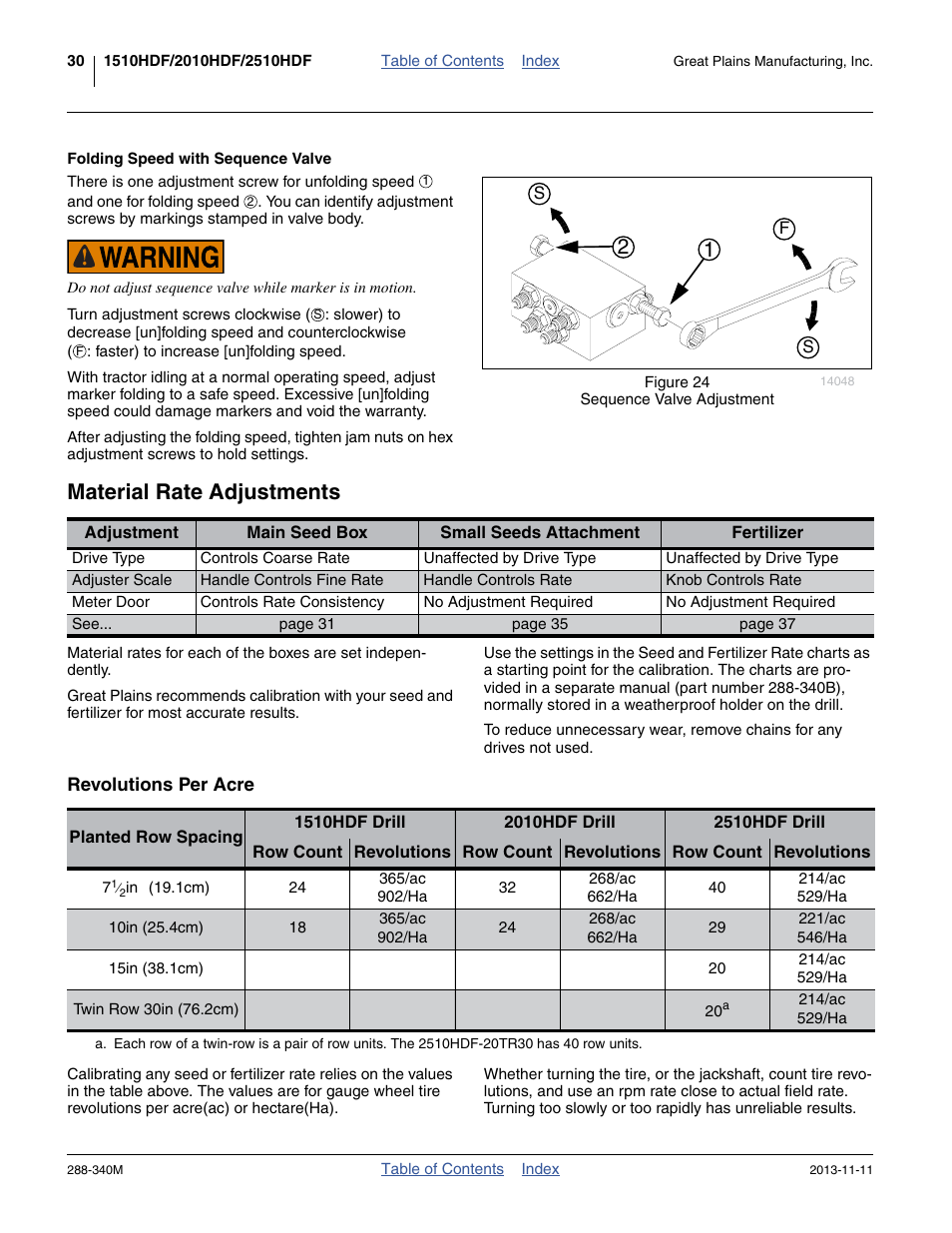 Folding speed with sequence valve, Material rate adjustments, Revolutions per acre | Great Plains 2510HDF Operator Manual User Manual | Page 34 / 82