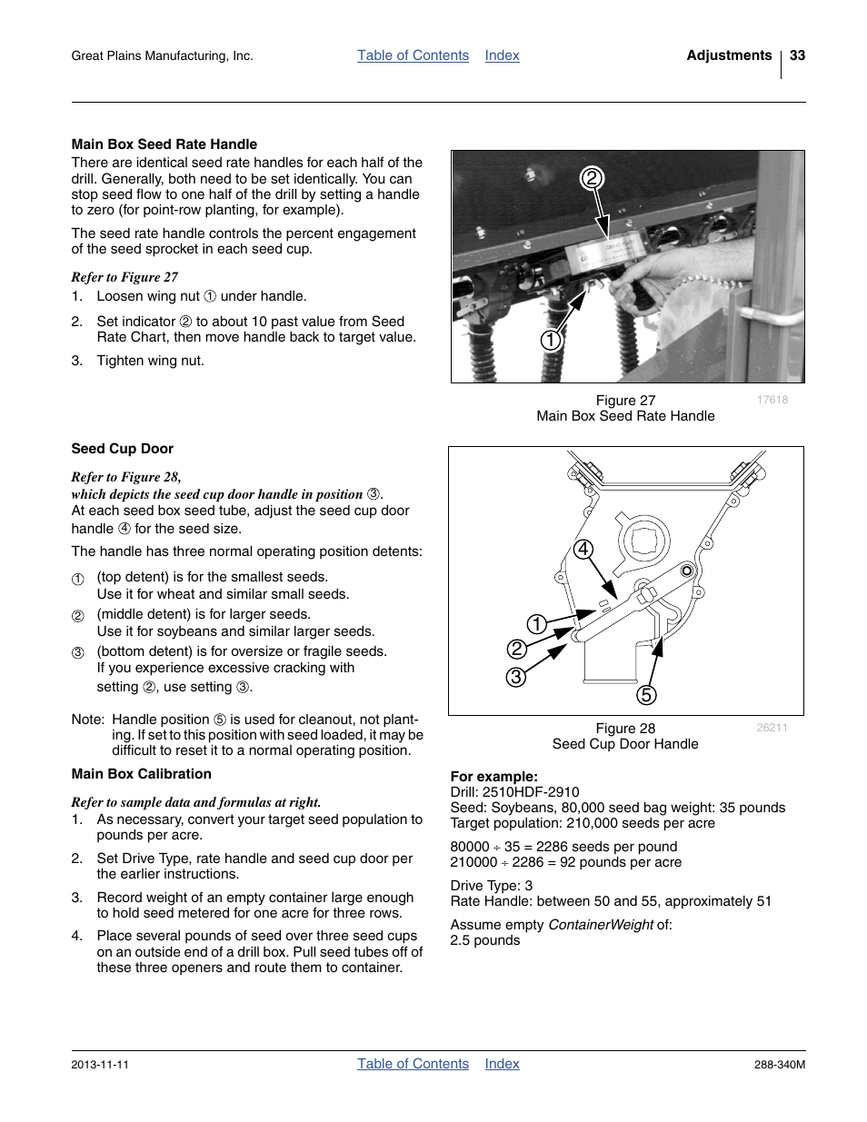 Main box seed rate handle, Seed cup door, Main box calibration | Great Plains 2510HDF Operator Manual User Manual | Page 37 / 82