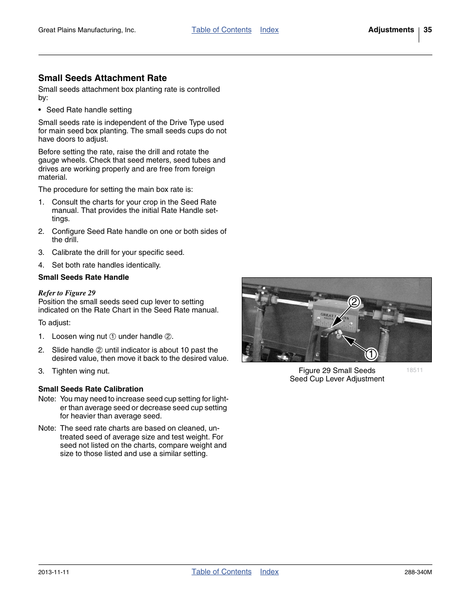 Small seeds attachment rate, Small seeds rate handle, Small seeds rate calibration | Great Plains 2510HDF Operator Manual User Manual | Page 39 / 82