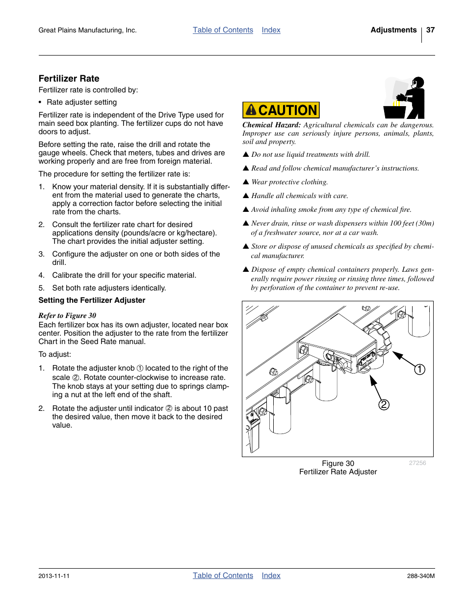 Fertilizer rate, Setting the fertilizer adjuster | Great Plains 2510HDF Operator Manual User Manual | Page 41 / 82