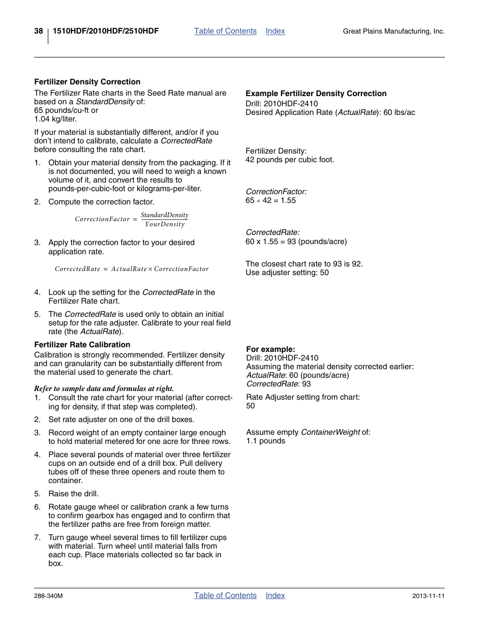 Fertilizer density correction, Example fertilizer density correction, Fertilizer rate calibration | Great Plains 2510HDF Operator Manual User Manual | Page 42 / 82