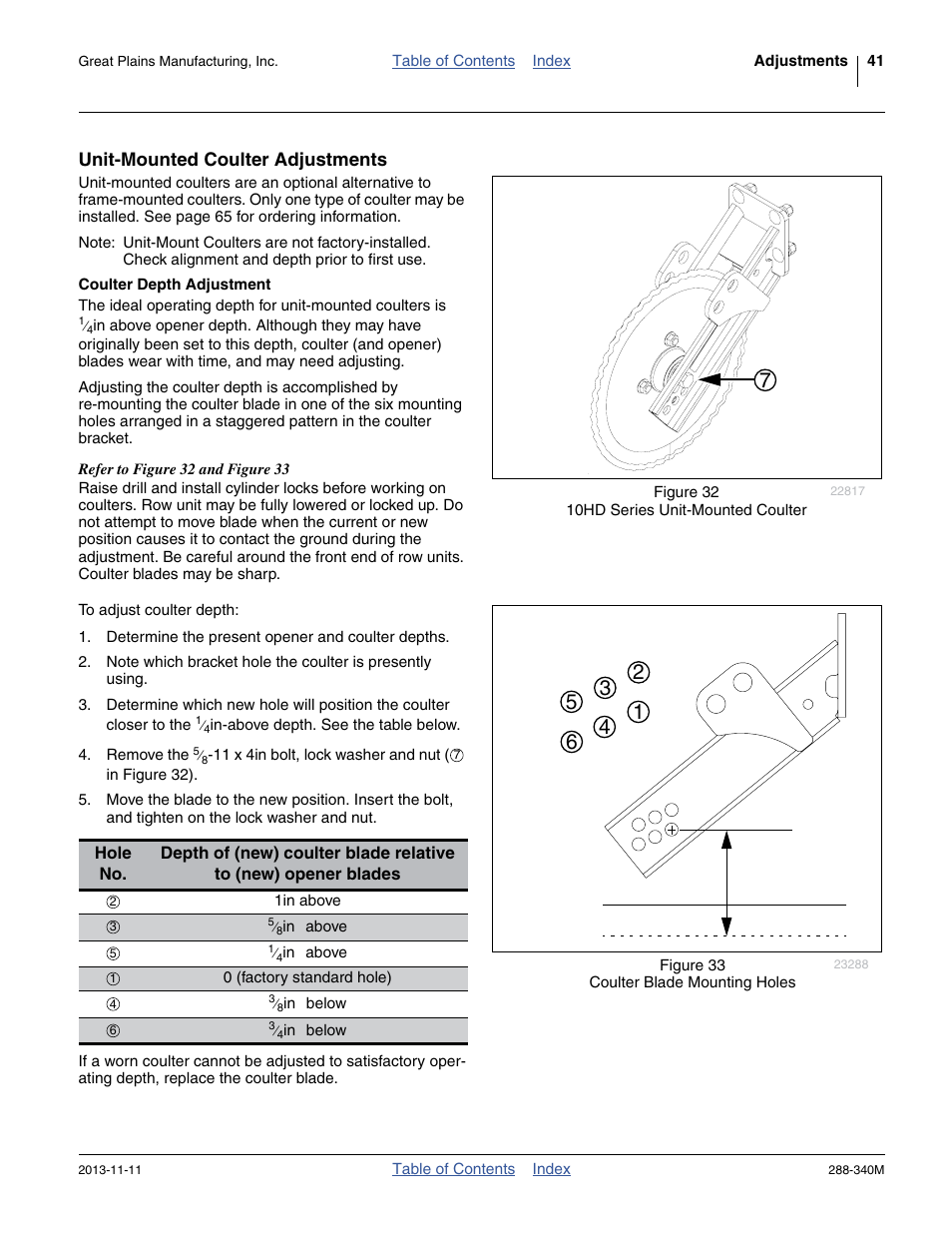 Unit-mounted coulter adjustments, Coulter depth adjustment, Unit-mounted coulter depth adjustment | Great Plains 2510HDF Operator Manual User Manual | Page 45 / 82