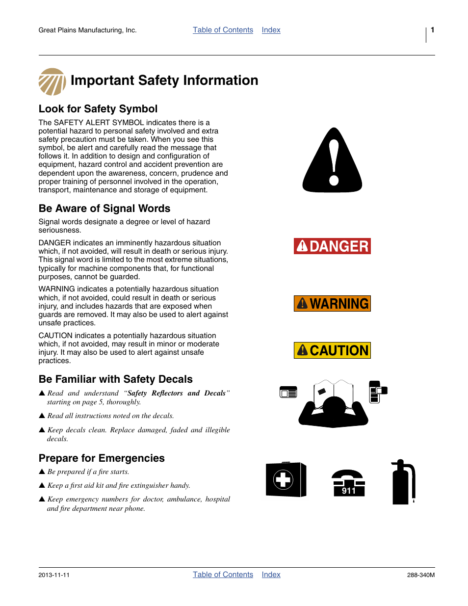 Important safety information, Look for safety symbol, Be aware of signal words | Be familiar with safety decals, Prepare for emergencies | Great Plains 2510HDF Operator Manual User Manual | Page 5 / 82
