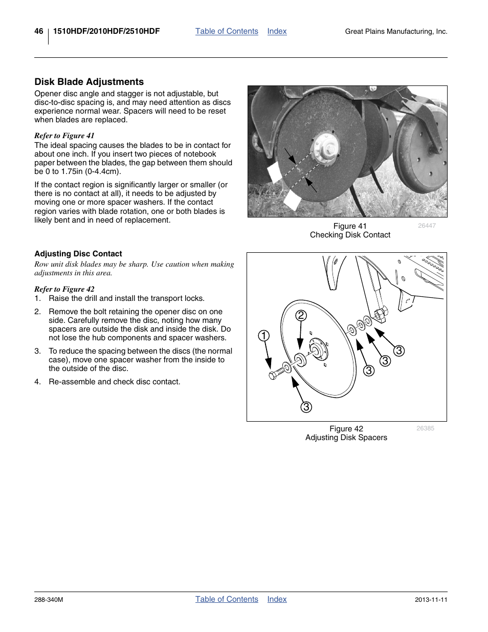 Disk blade adjustments, Adjusting disc contact, Disk blade adjustments (as ro | Great Plains 2510HDF Operator Manual User Manual | Page 50 / 82