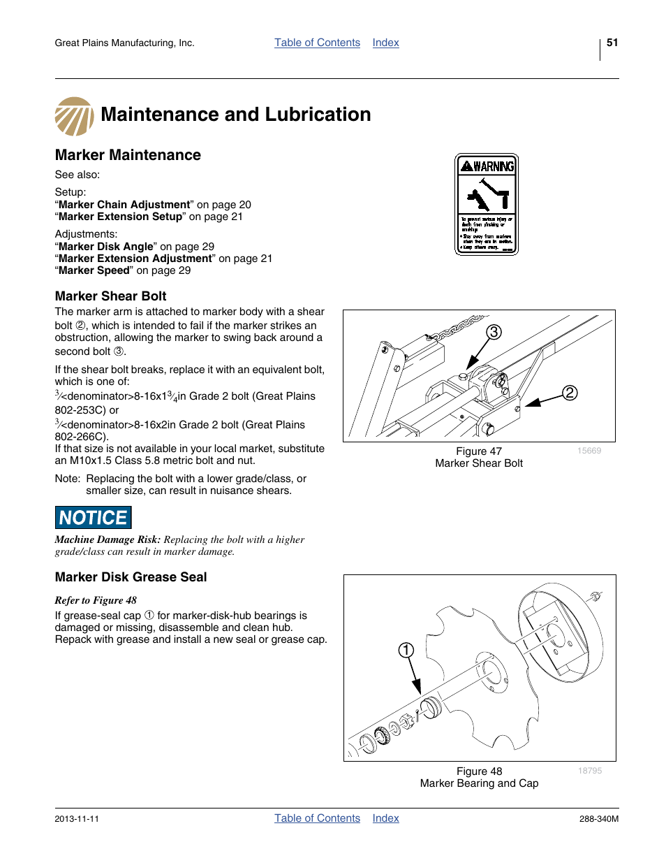 Maintenance and lubrication, Marker maintenance, Marker shear bolt | Marker disk grease seal, Maintenance and lubrication marker maintenance, Marker shear bolt marker disk grease seal | Great Plains 2510HDF Operator Manual User Manual | Page 55 / 82