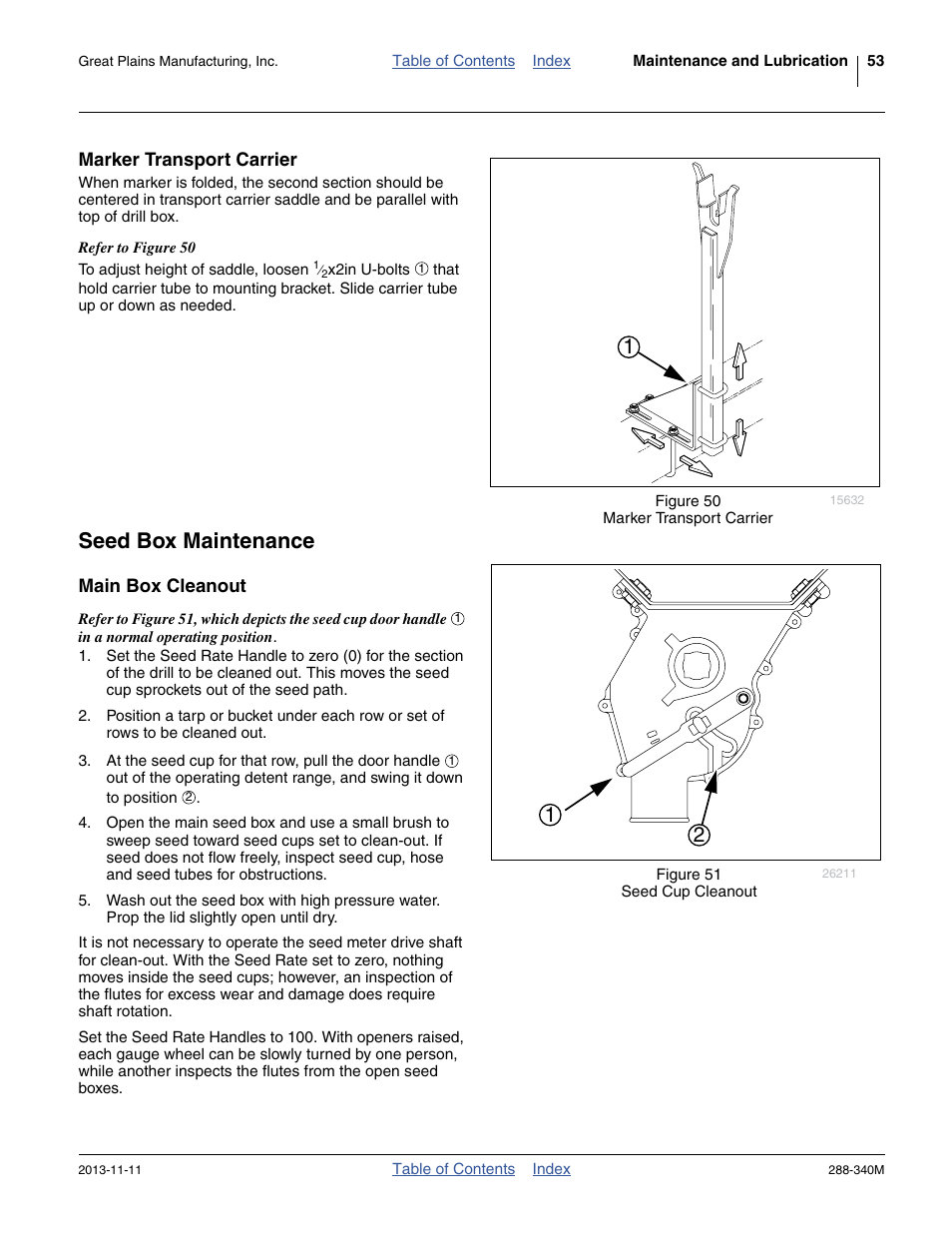 Marker transport carrier, Seed box maintenance, Main box cleanout | Great Plains 2510HDF Operator Manual User Manual | Page 57 / 82