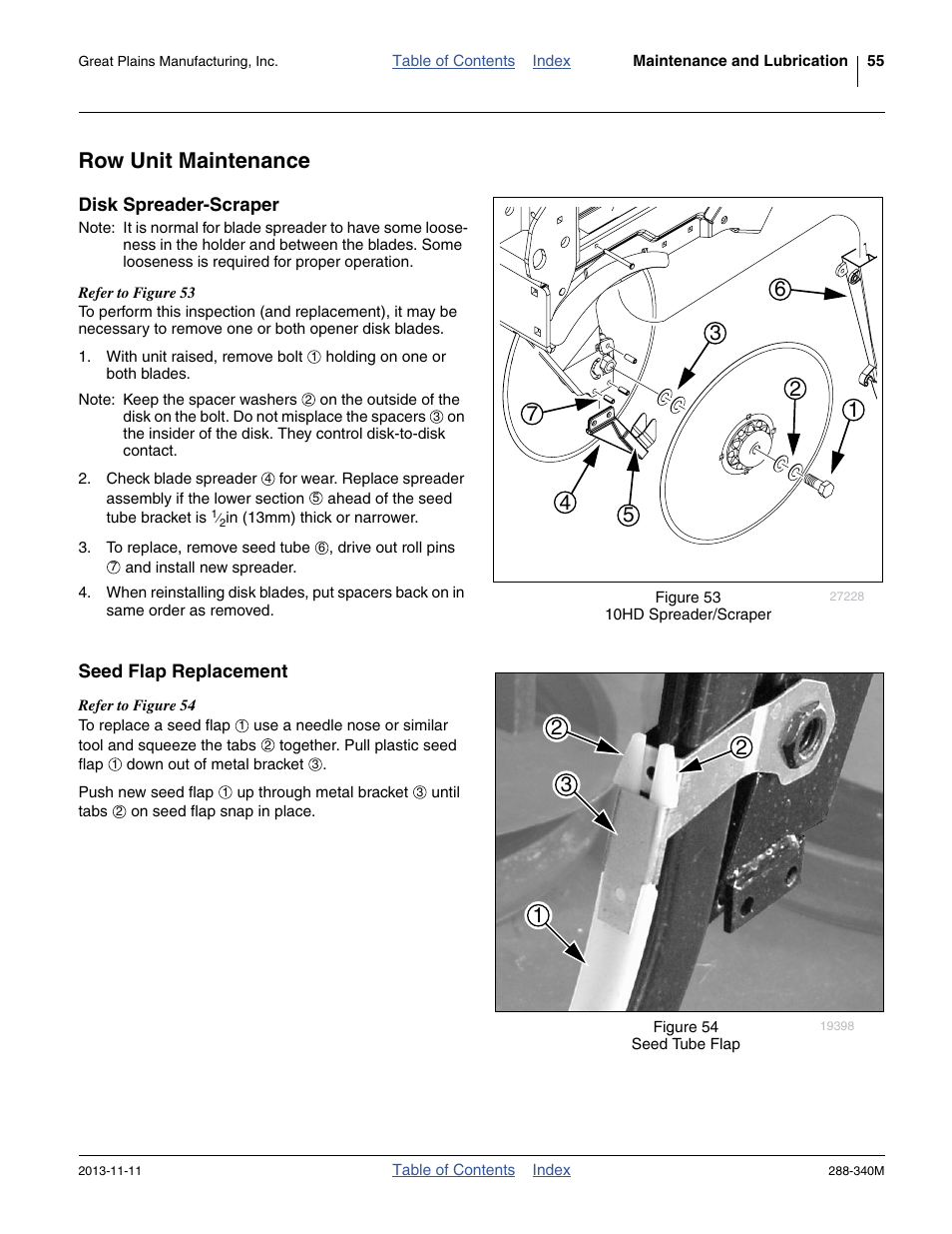 Row unit maintenance, Disk spreader-scraper, Seed flap replacement | Disk spreader-scraper seed flap replacement | Great Plains 2510HDF Operator Manual User Manual | Page 59 / 82