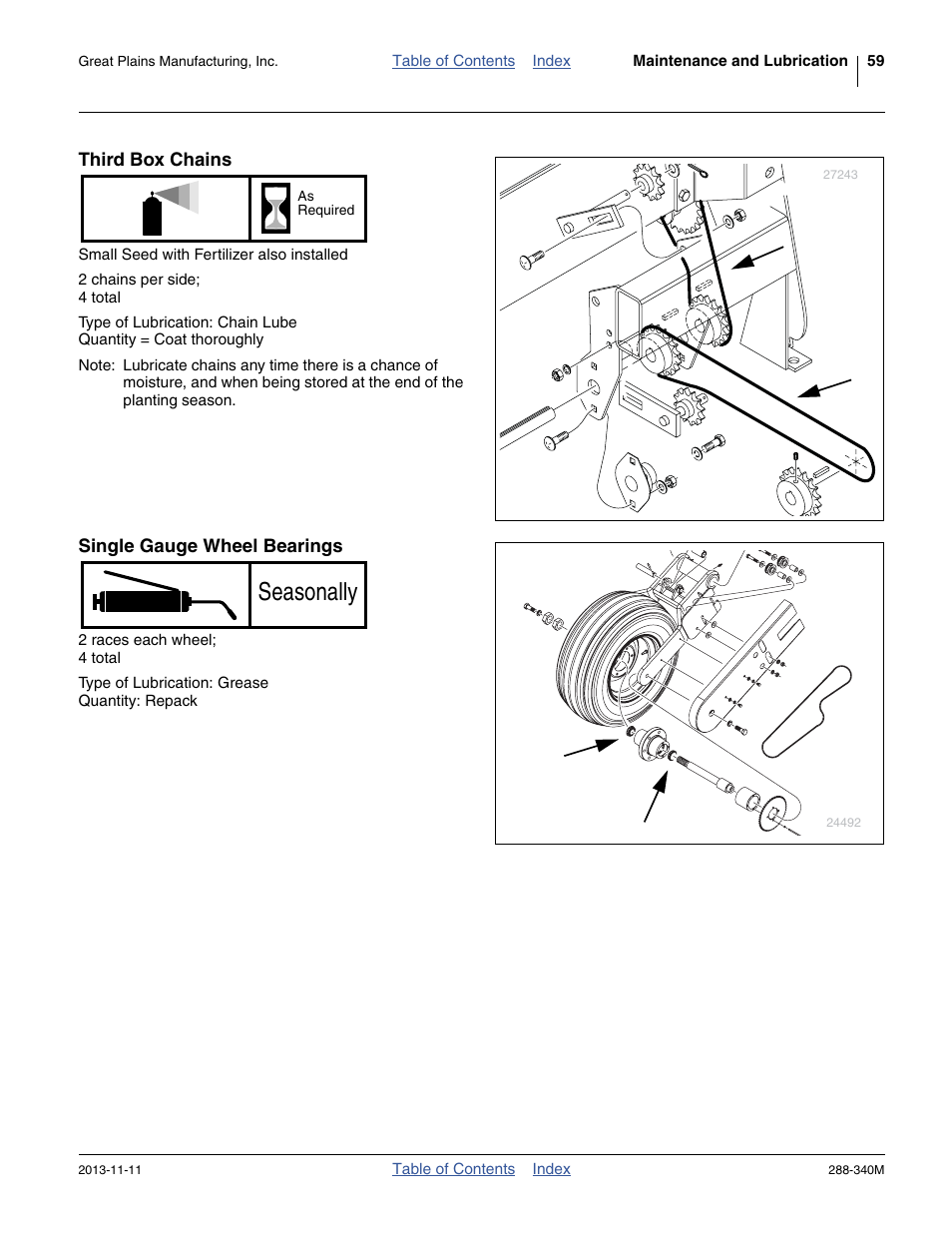 Third box chains, Single gauge wheel bearings, Seasonally | Great Plains 2510HDF Operator Manual User Manual | Page 63 / 82