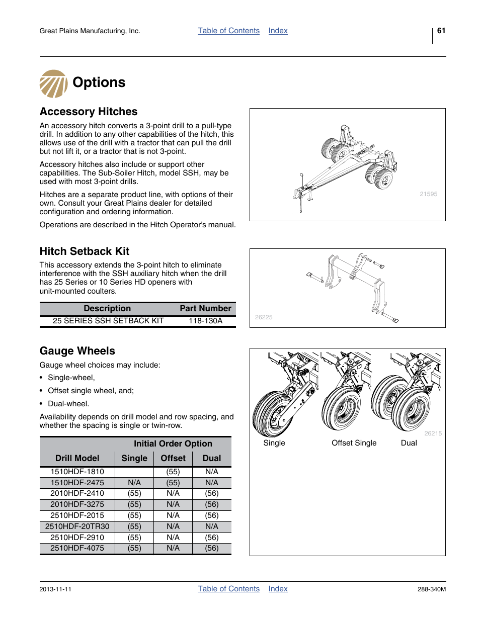 Options, Accessory hitches, Hitch setback kit | Gauge wheels | Great Plains 2510HDF Operator Manual User Manual | Page 65 / 82