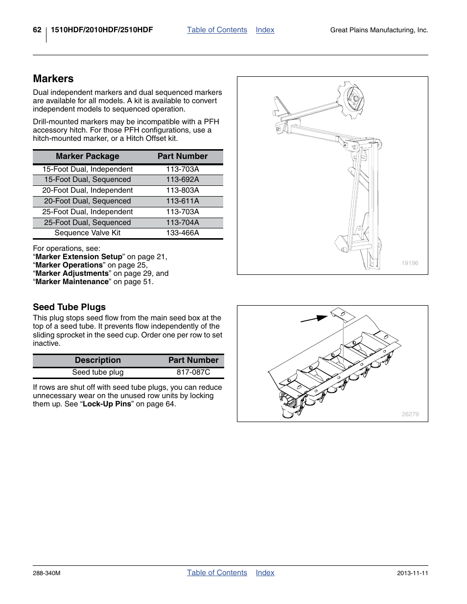 Markers, Seed tube plugs | Great Plains 2510HDF Operator Manual User Manual | Page 66 / 82