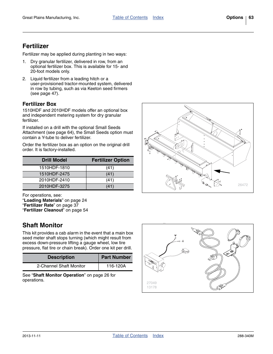 Fertilizer, Fertilizer box, Shaft monitor | Great Plains 2510HDF Operator Manual User Manual | Page 67 / 82