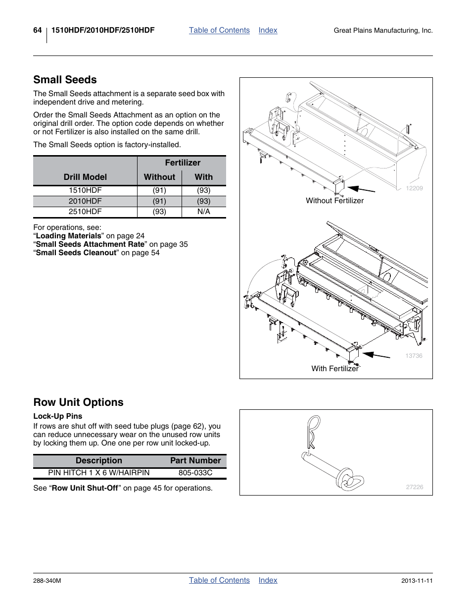 Small seeds, Row unit options, Lock-up pins | Small seeds row unit options | Great Plains 2510HDF Operator Manual User Manual | Page 68 / 82