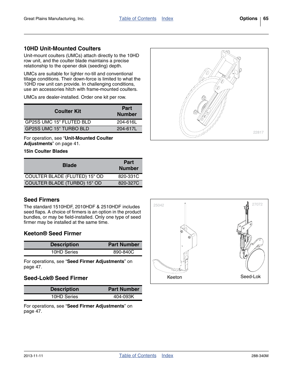 10hd unit-mounted coulters, 15in coulter blades, Seed firmers | Keeton® seed firmer, Seed-lok® seed firmer | Great Plains 2510HDF Operator Manual User Manual | Page 69 / 82