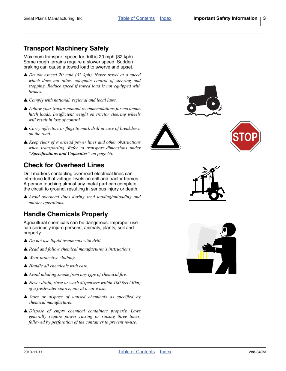 Transport machinery safely, Check for overhead lines, Handle chemicals properly | Great Plains 2510HDF Operator Manual User Manual | Page 7 / 82