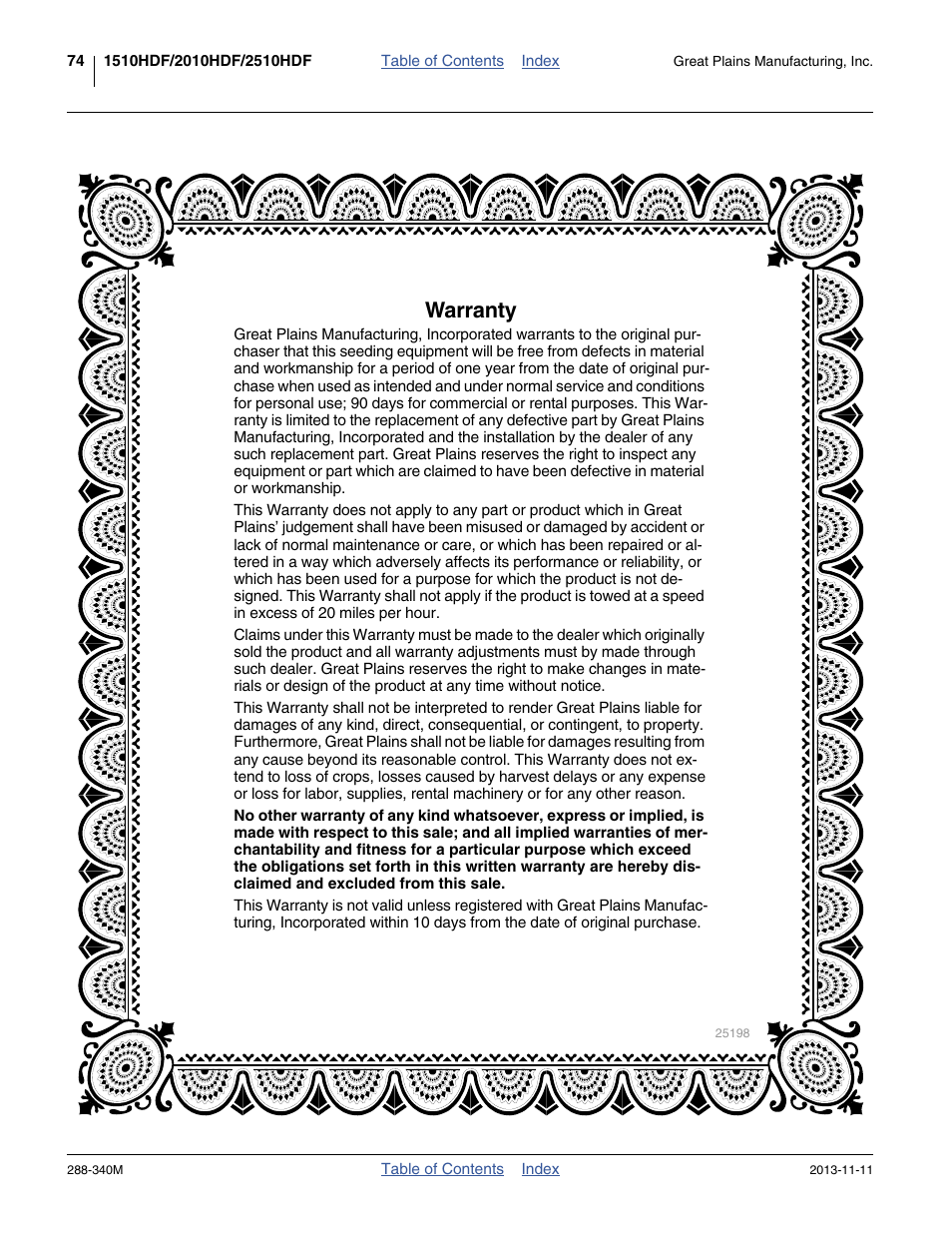 Warranty | Great Plains 2510HDF Operator Manual User Manual | Page 78 / 82