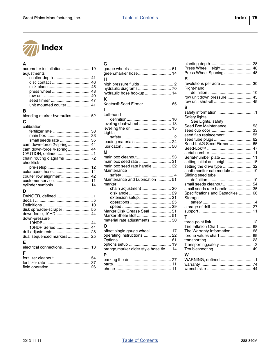 Index | Great Plains 2510HDF Operator Manual User Manual | Page 79 / 82
