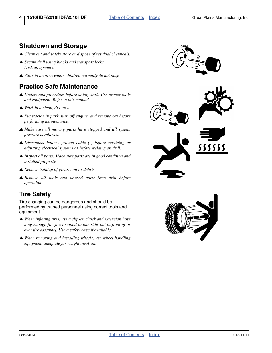 Shutdown and storage, Practice safe maintenance, Tire safety | Great Plains 2510HDF Operator Manual User Manual | Page 8 / 82