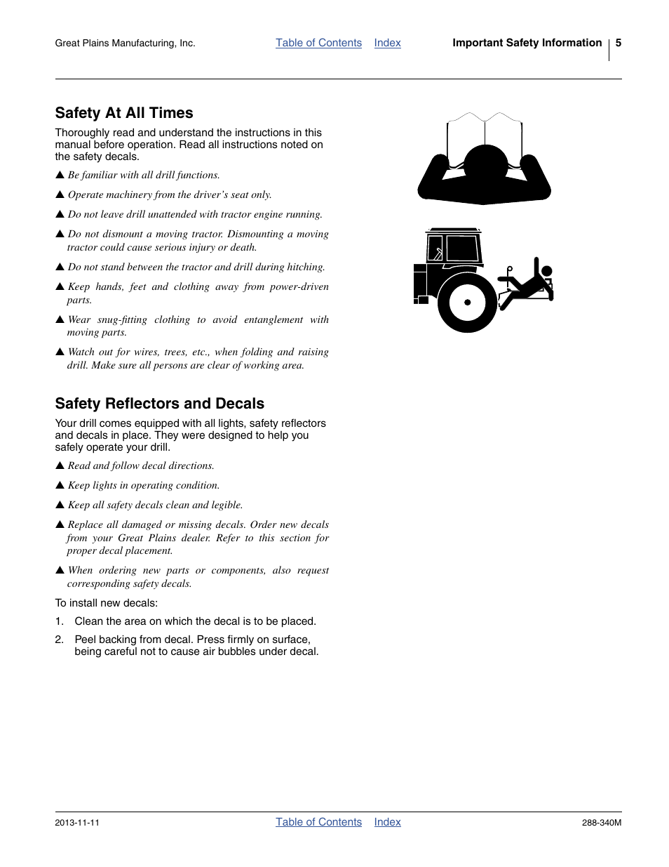 Safety at all times, Safety reflectors and decals | Great Plains 2510HDF Operator Manual User Manual | Page 9 / 82