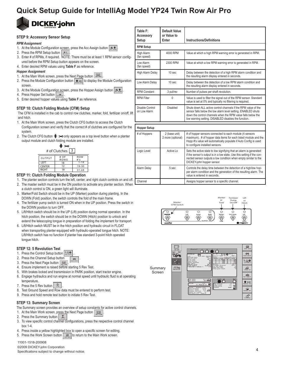Step 10: clutch folding module (cfm) setup, Step 11: clutch folding module operation, Step 12: 5 revolution test | Step 13: summary screen, Step 9: accessory sensor setup | Great Plains YP2425A-48TR 48 Twin Row 30-Inch Quick Start User Manual | Page 4 / 5