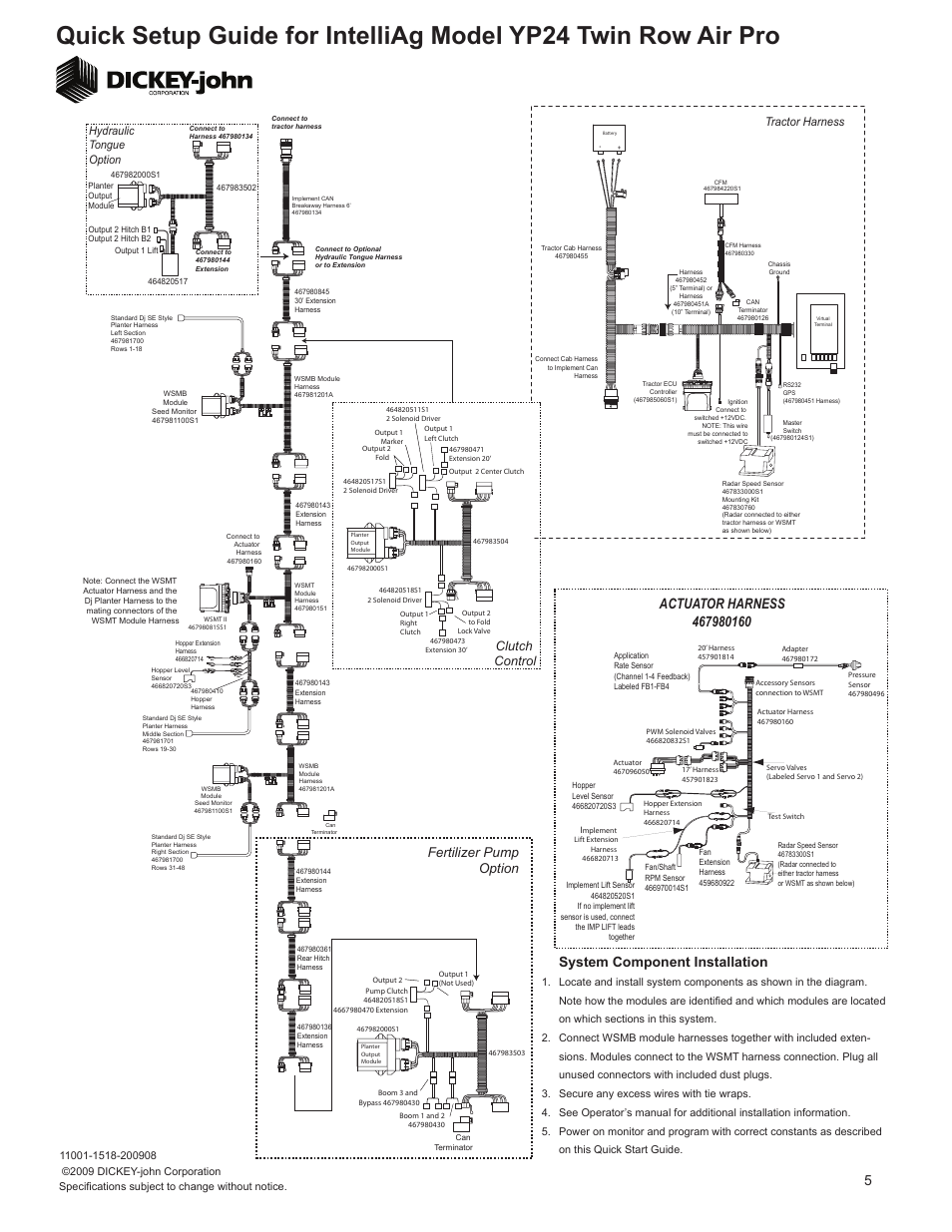 System component installation, Fertilizer pump option, Clutch control | Tractor harness, Hydraulic tongue option | Great Plains YP2425A-48TR 48 Twin Row 30-Inch Quick Start User Manual | Page 5 / 5