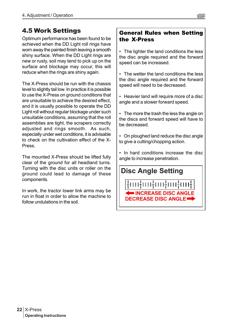 Disc angle setting, 5 work settings | Great Plains P13349 User Manual | Page 22 / 34