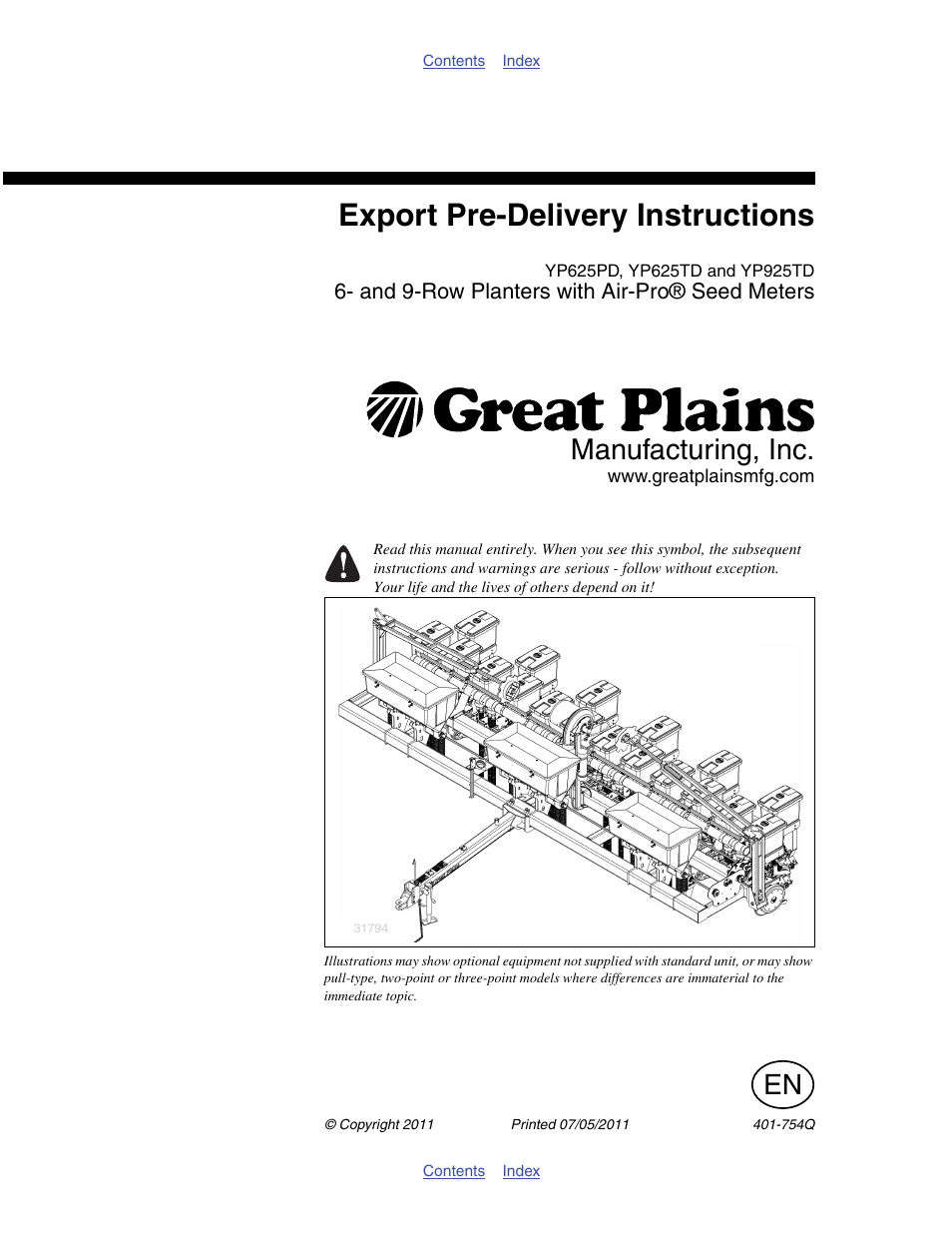 Great Plains YP625PD Predelivery Manual User Manual | 114 pages