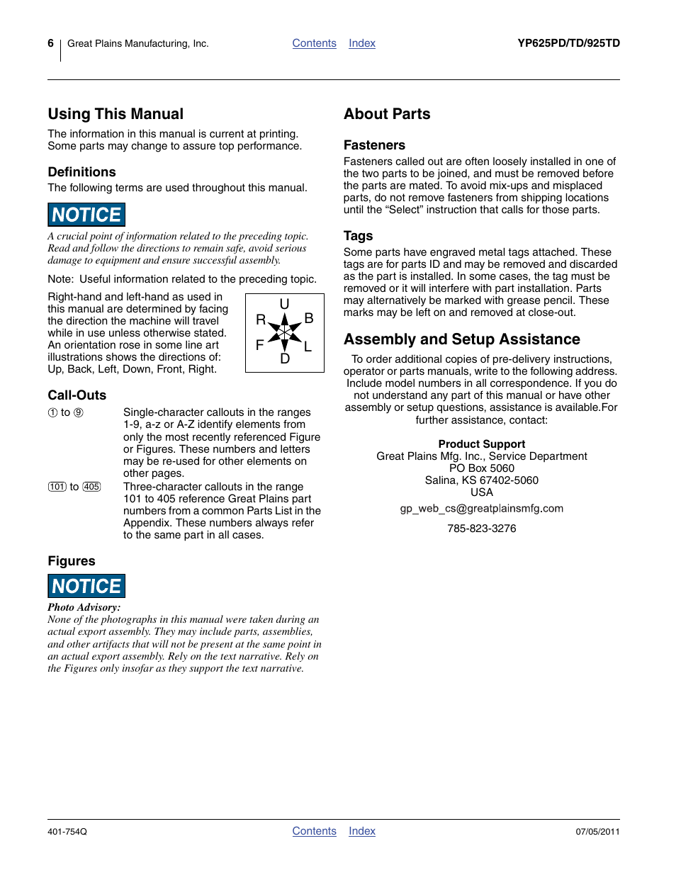 Using this manual, Definitions, Call-outs | Figures, About parts, Fasteners, Tags, Assembly and setup assistance, Definitions call-outs figures, Fasteners tags | Great Plains YP625PD Predelivery Manual User Manual | Page 10 / 114