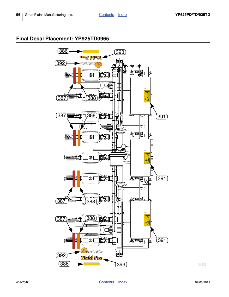 Final decal placement: yp925td0965 | Great Plains YP625PD Predelivery Manual User Manual | Page 100 / 114