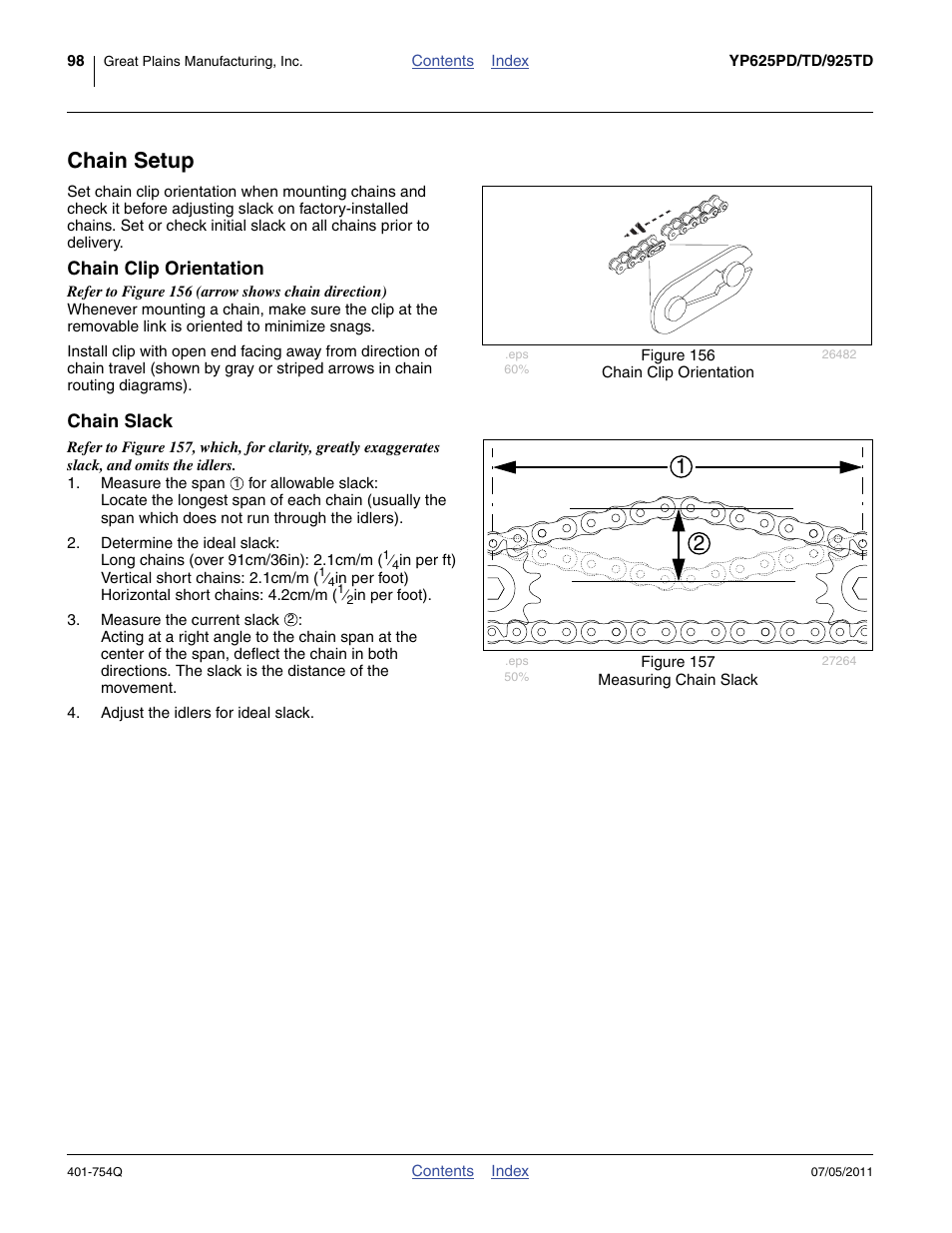 Chain setup, Chain clip orientation, Chain slack | Great Plains YP625PD Predelivery Manual User Manual | Page 102 / 114