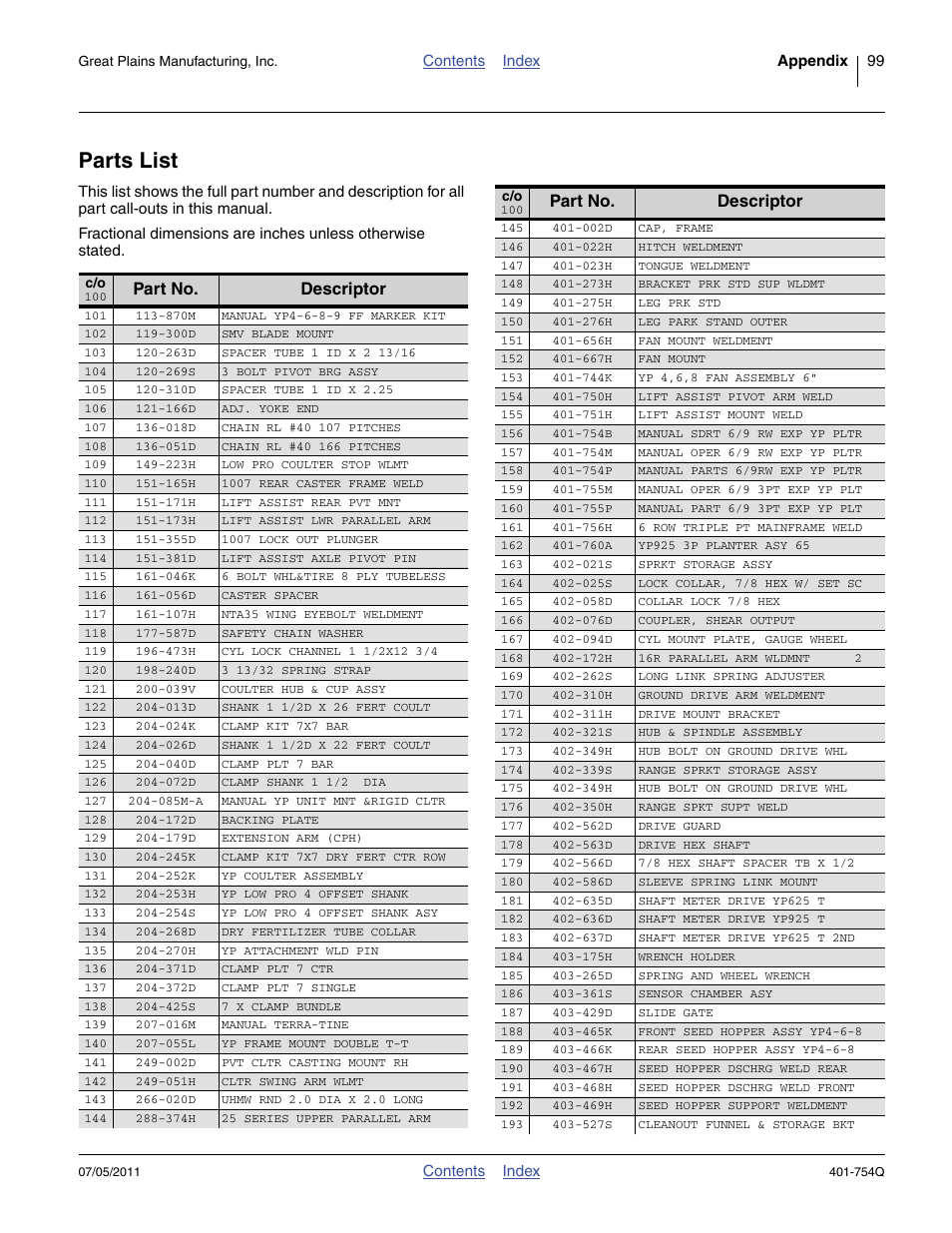 Parts list, Part no. descriptor | Great Plains YP625PD Predelivery Manual User Manual | Page 103 / 114