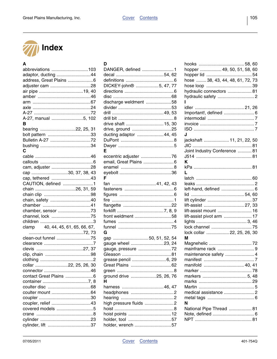 Index | Great Plains YP625PD Predelivery Manual User Manual | Page 109 / 114