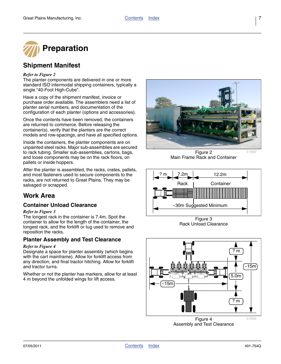 Preparation, Shipment manifest, Work area | Container unload clearance, Planter assembly and test clearance, Preparation shipment manifest work area | Great Plains YP625PD Predelivery Manual User Manual | Page 11 / 114