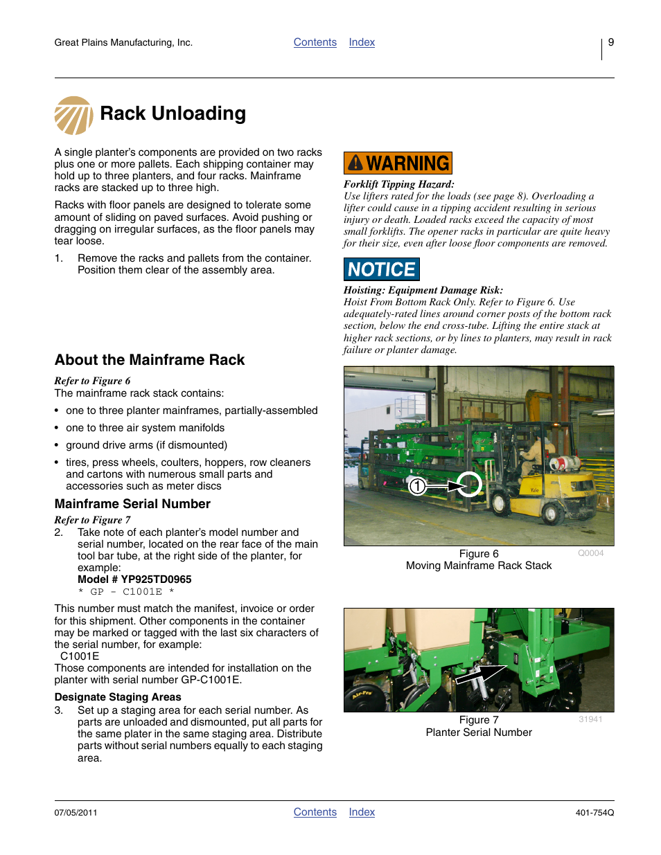 Rack unloading, About the mainframe rack, Mainframe serial number | Designate staging areas, Rack unloading about the mainframe rack | Great Plains YP625PD Predelivery Manual User Manual | Page 13 / 114