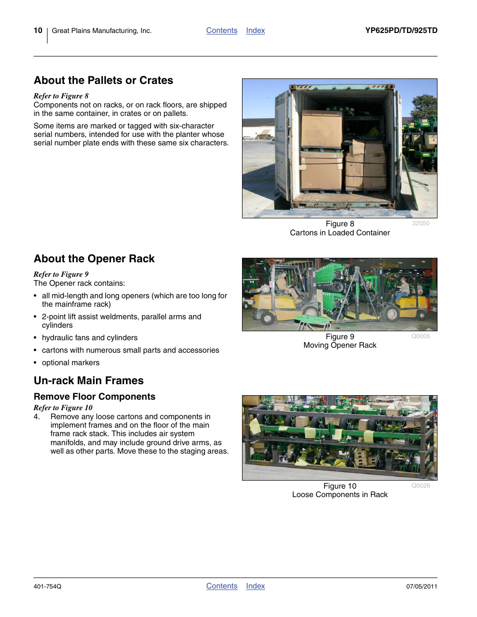 About the pallets or crates, About the opener rack, Un-rack main frames | Remove floor components | Great Plains YP625PD Predelivery Manual User Manual | Page 14 / 114