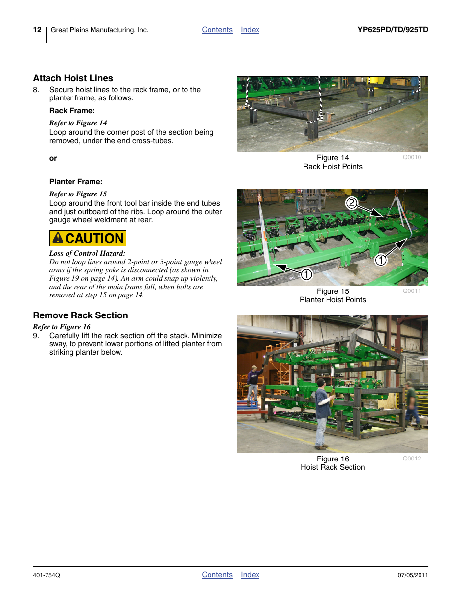 Attach hoist lines, Rack frame, Planter frame | Remove rack section, Attach hoist lines remove rack section | Great Plains YP625PD Predelivery Manual User Manual | Page 16 / 114
