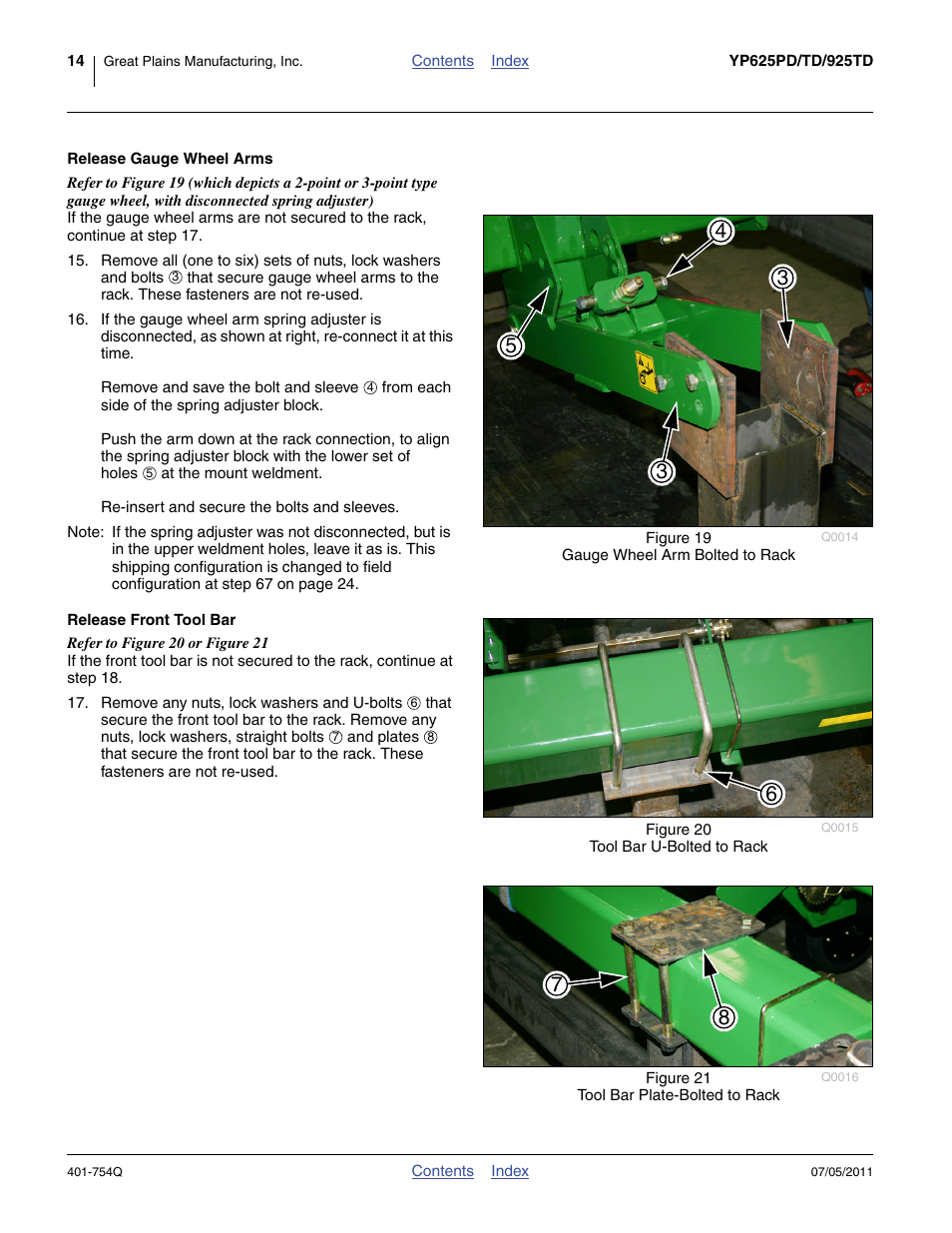 Release gauge wheel arms, Release front tool bar, Release gauge wheel arms release front tool bar | Ms (figure 19), Ue at step 15 on | Great Plains YP625PD Predelivery Manual User Manual | Page 18 / 114
